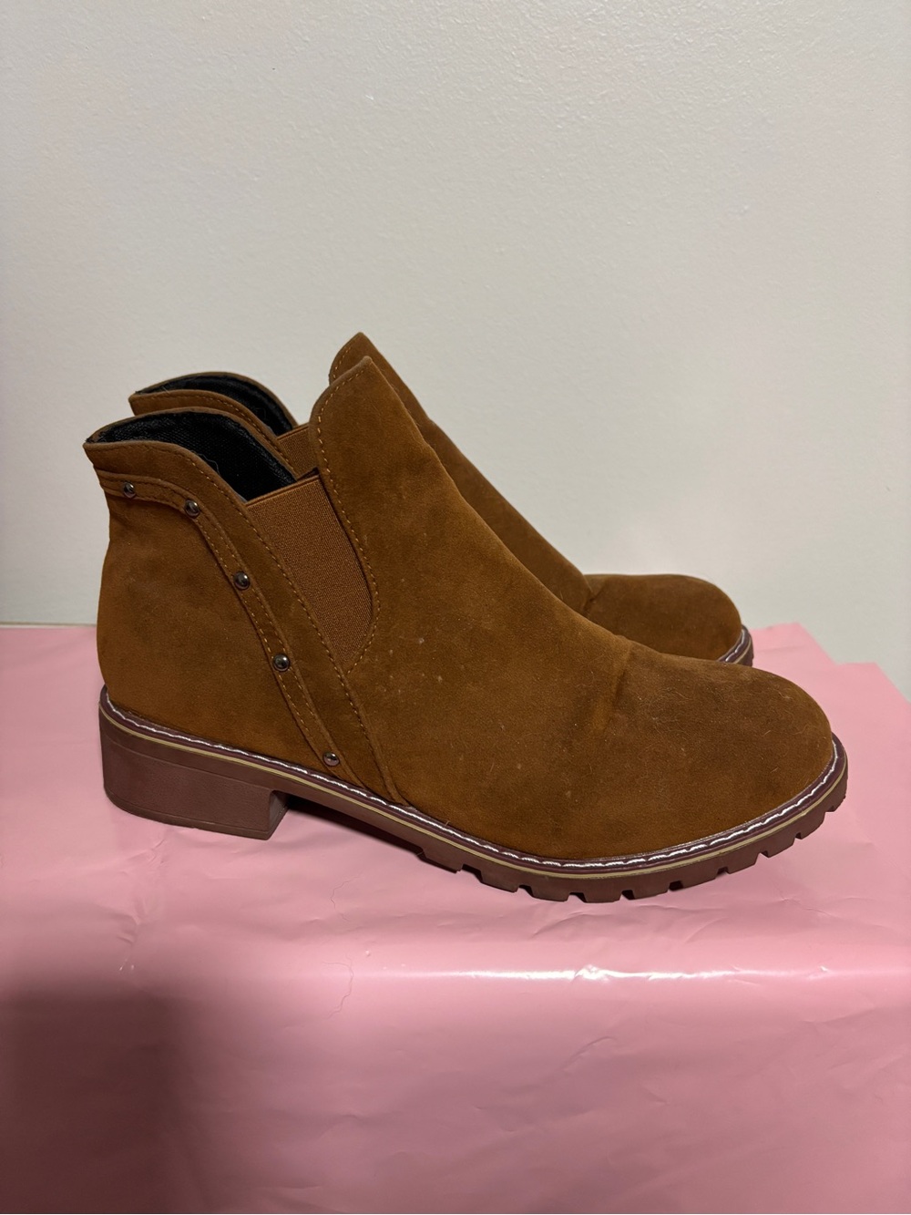 SHEIN Tan Suede Stud-Trim Side-Elastic Ankle Booties